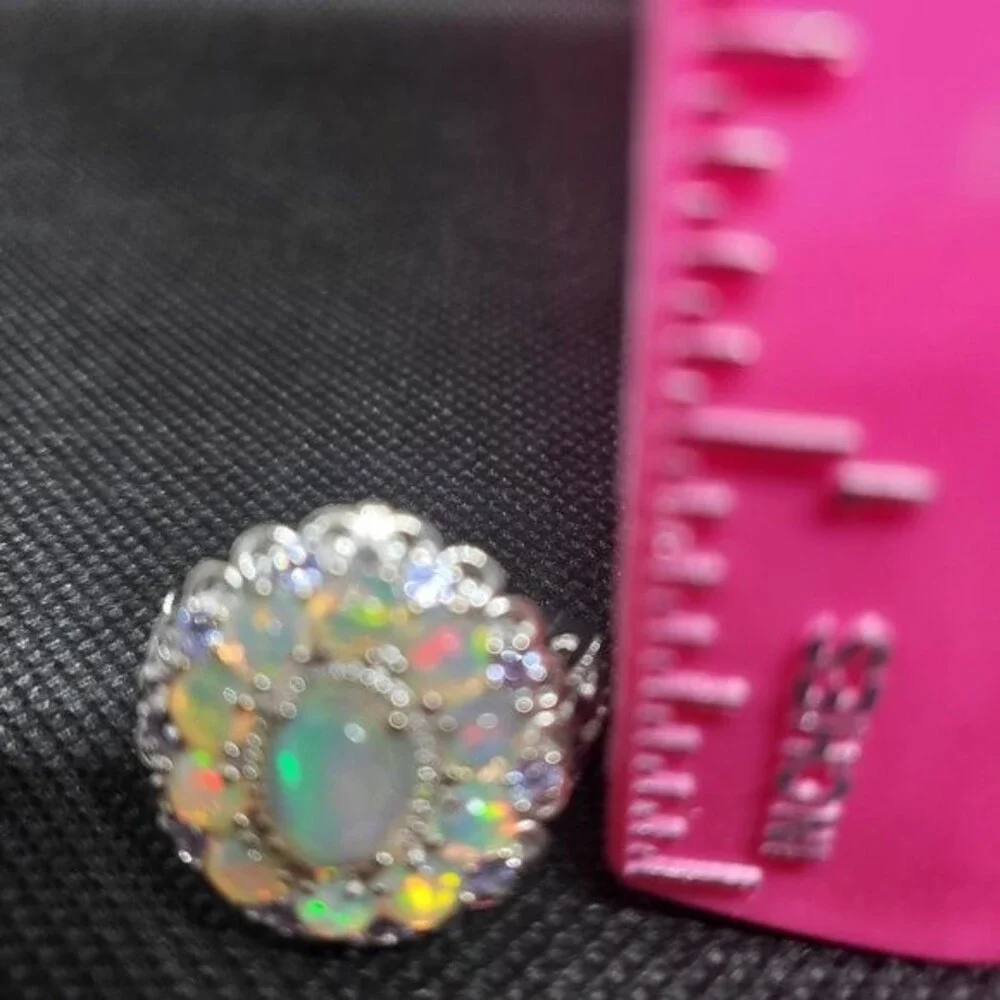 Snow-in-summer Floral Cluster Opal & Tanzanite Sterling Silver Ring